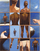 oil painting of diver divided into 16 panels